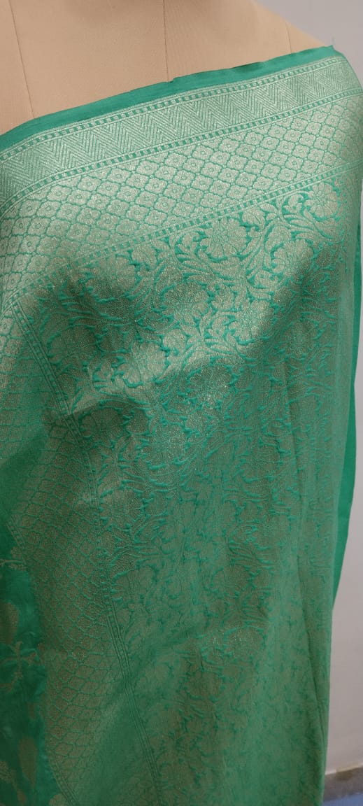 banarasi georgatte katan soft saree silwar zari color sigreen