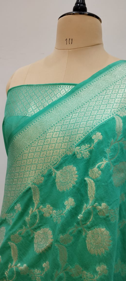 banarasi georgatte katan soft saree silwar zari color sigreen