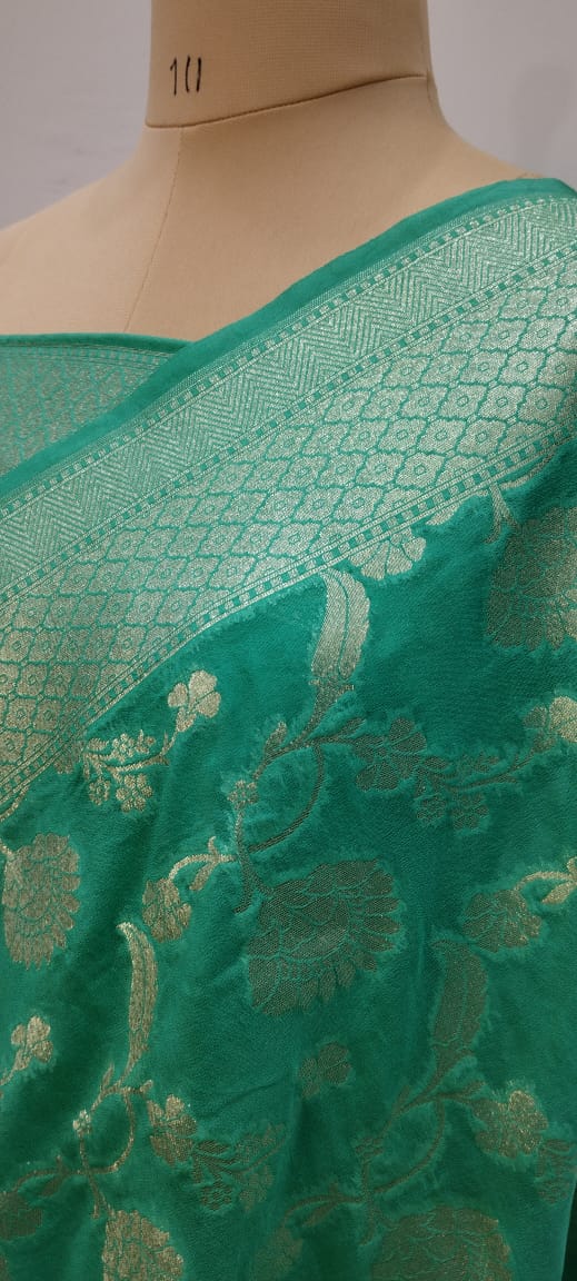 banarasi georgatte katan soft saree silwar zari color sigreen