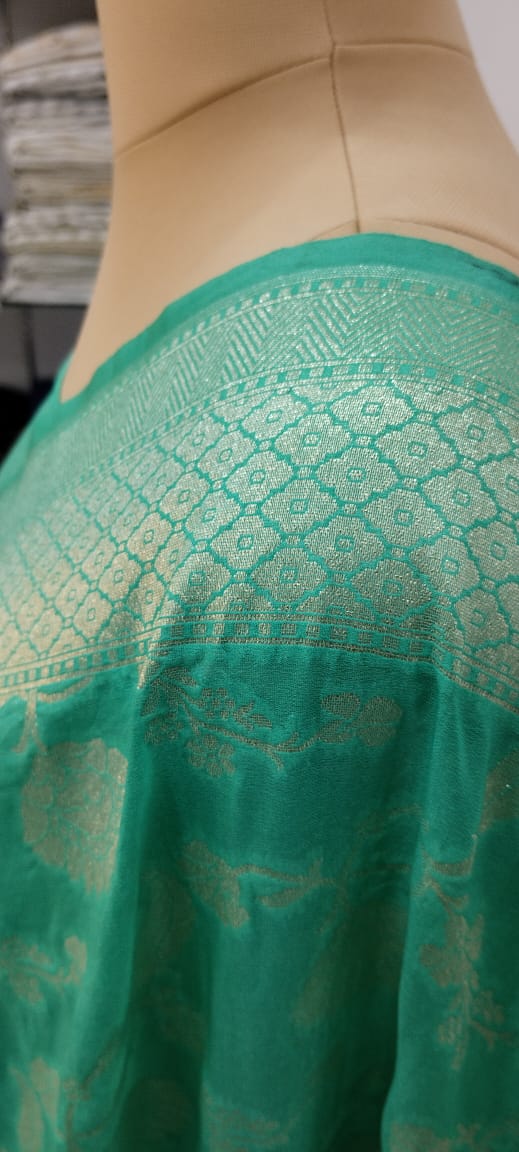 banarasi georgatte katan soft saree silwar zari color sigreen