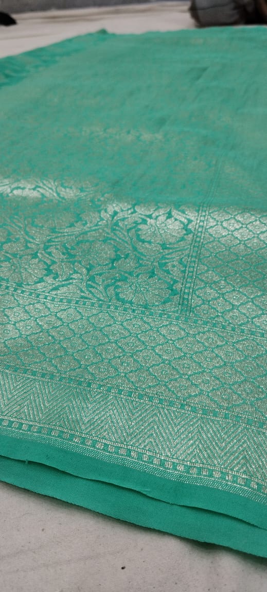 banarasi georgatte katan soft saree silwar zari color sigreen