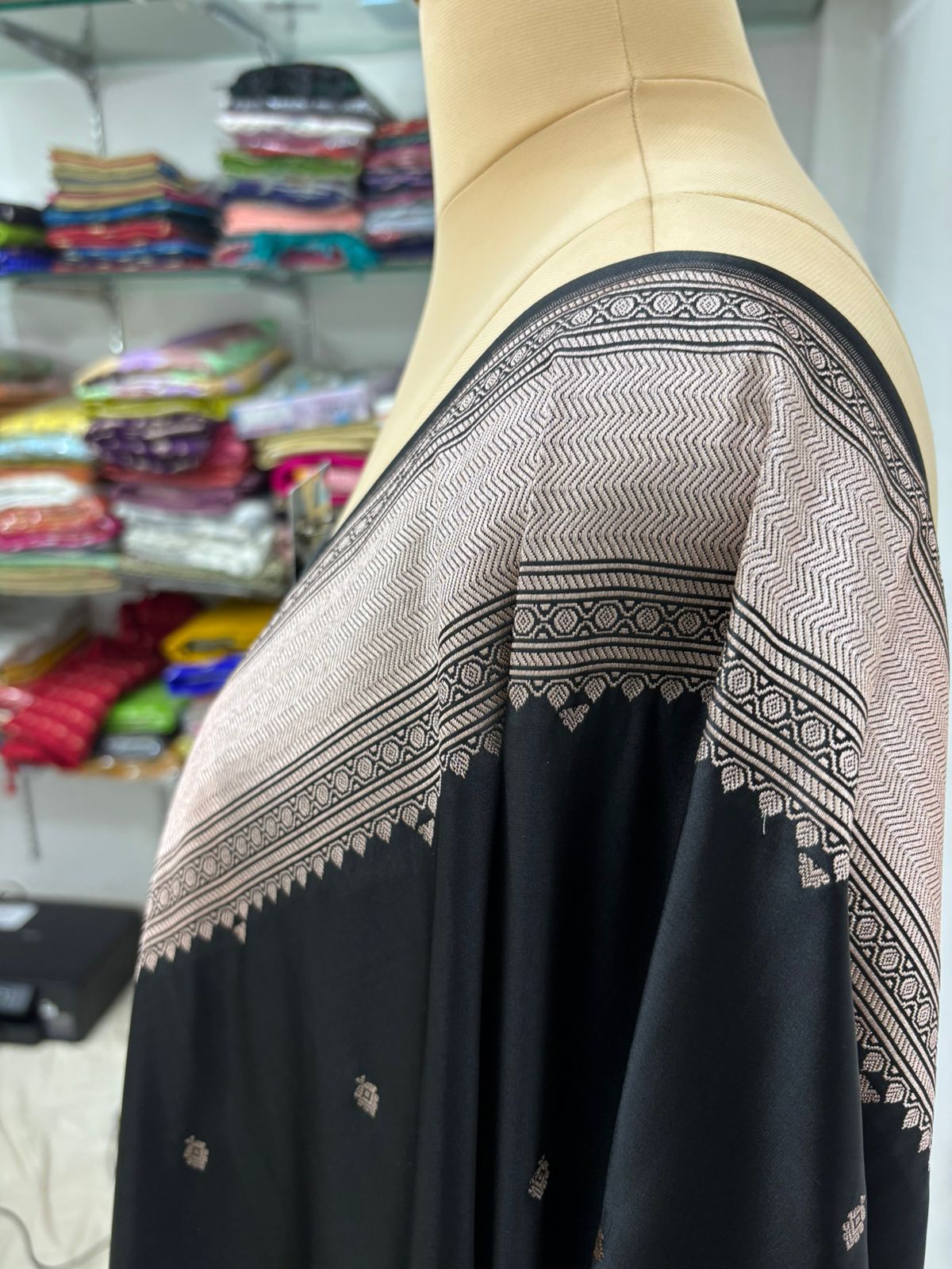 banarasi katan masroom silk black lite copur zari