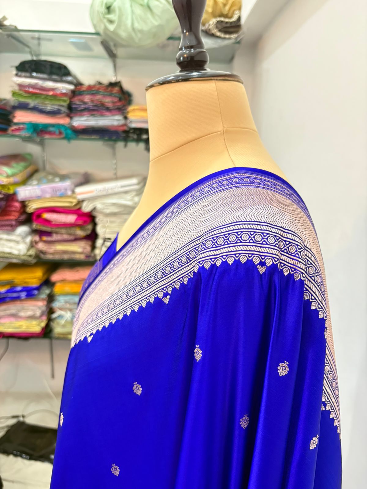 banarasi katan masroom silk royal blue buti copure zari