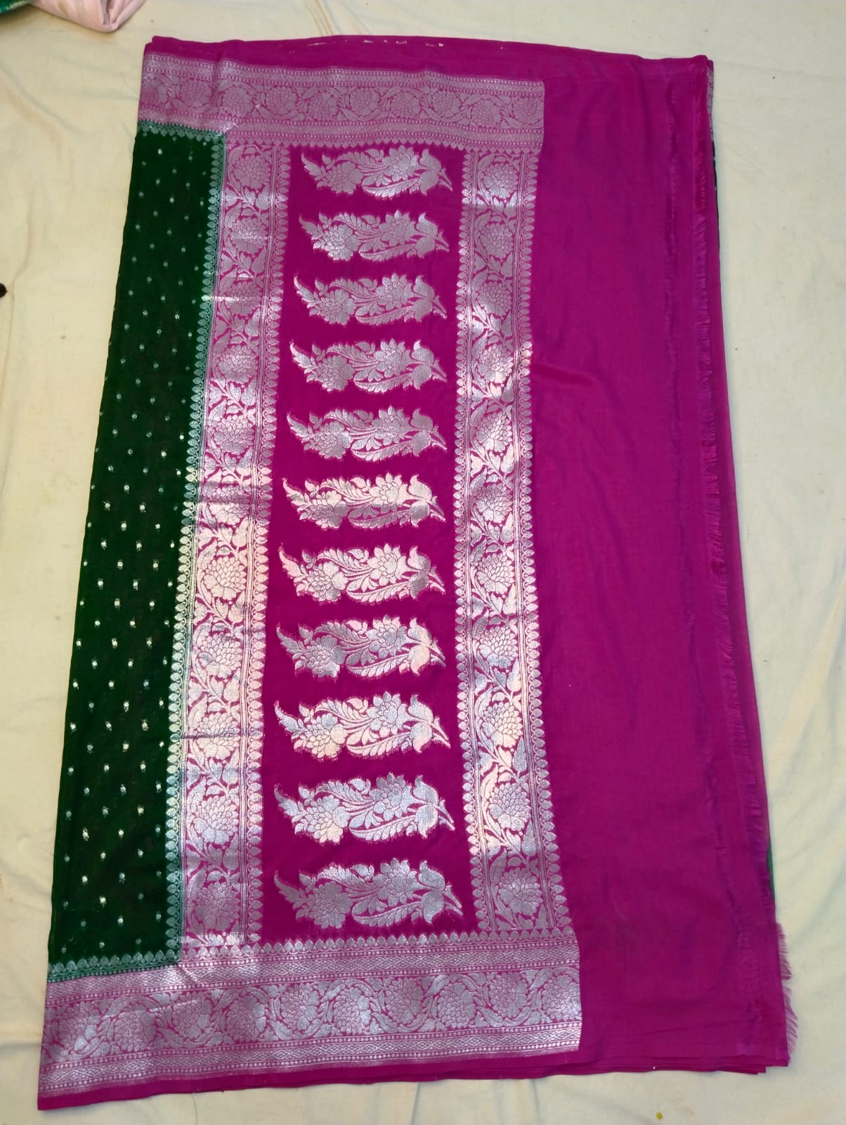 banarasi georgatte katan saree  green and rani