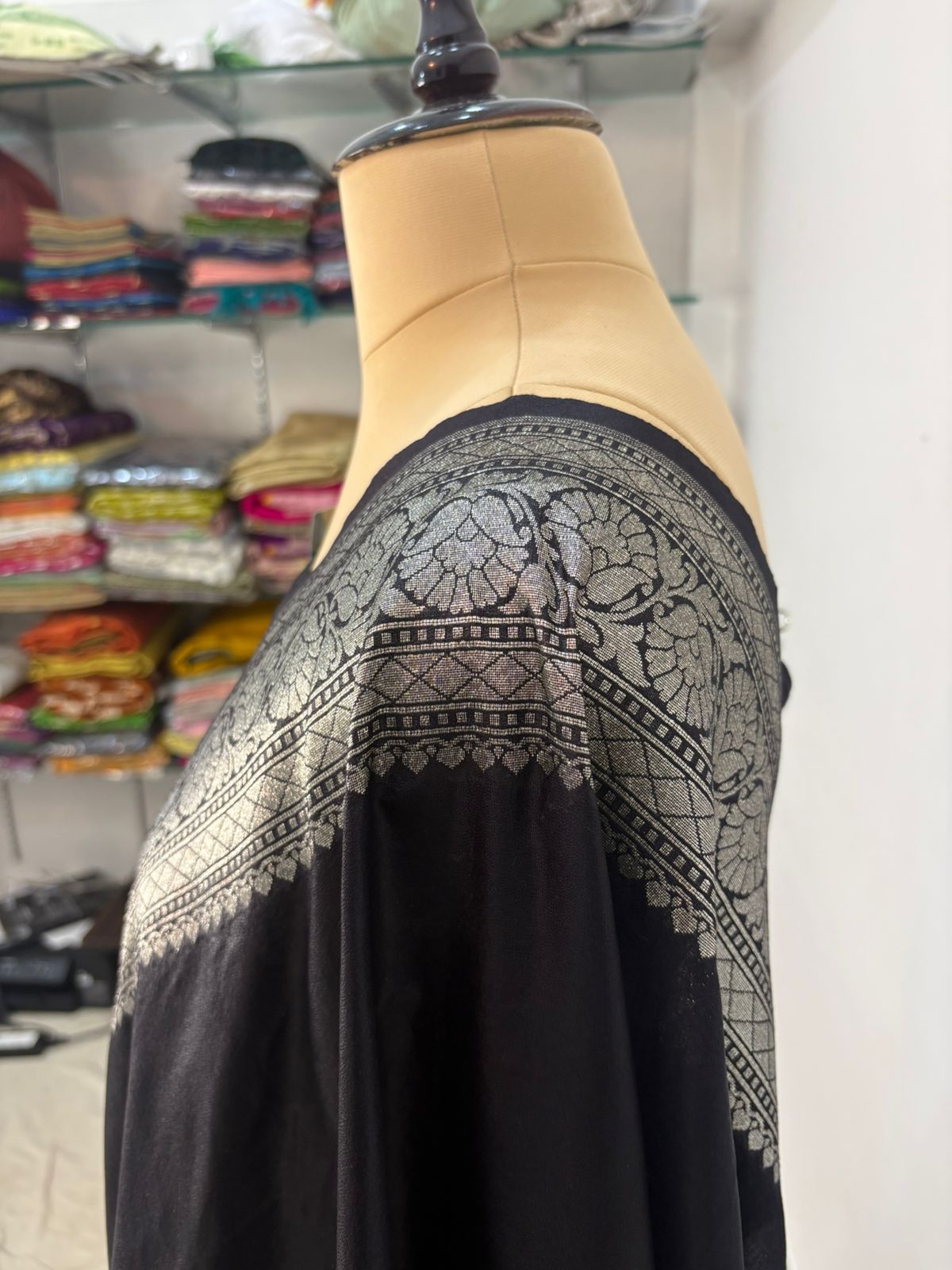 Black katan banarasi silk saree silver zari aanchal border