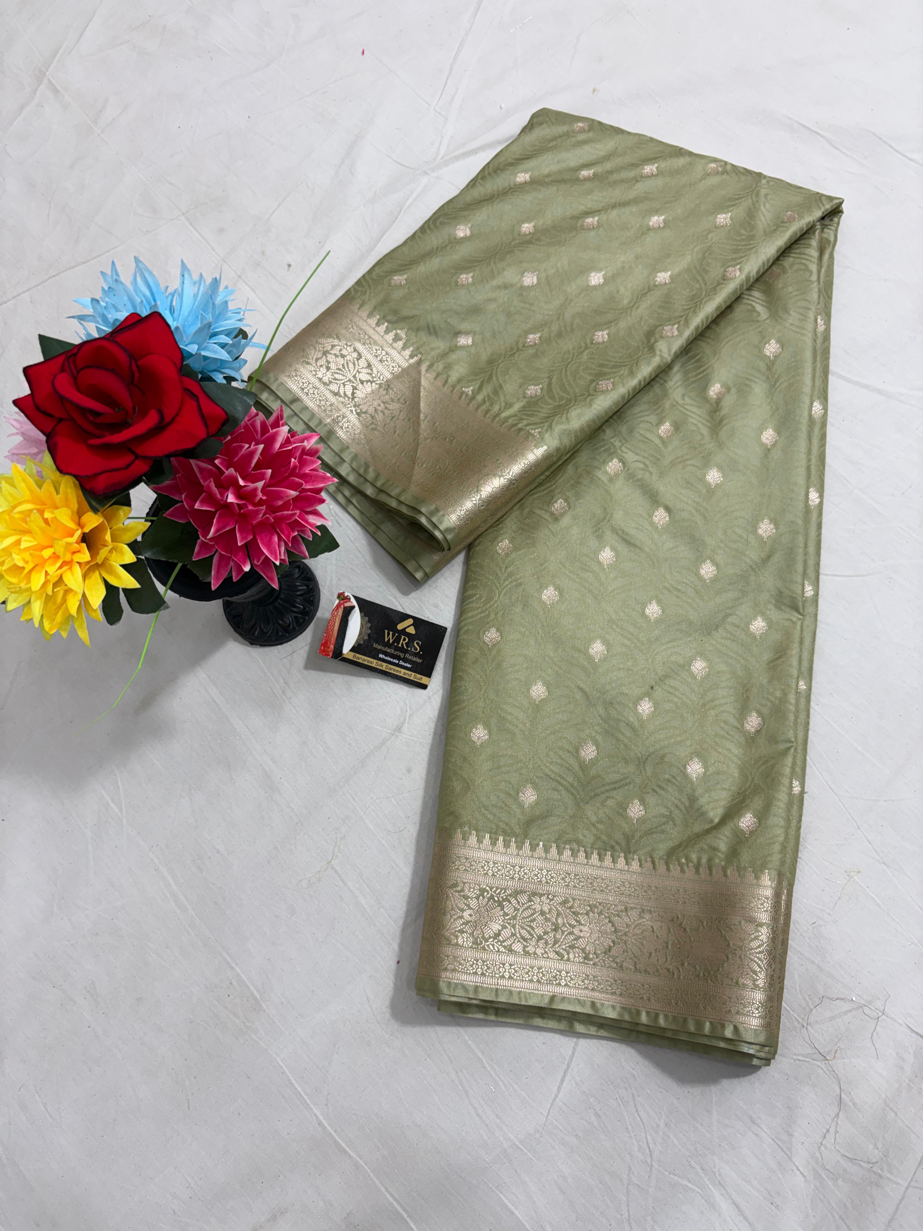 dark pista tanchhui booti  tussar katan banarasi silk saree