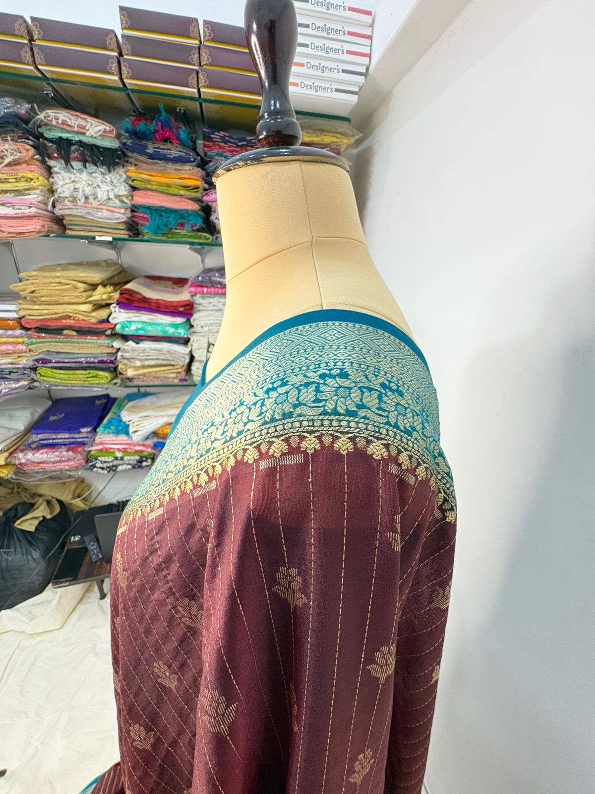 firozi garnet katan silk saree lite water zari