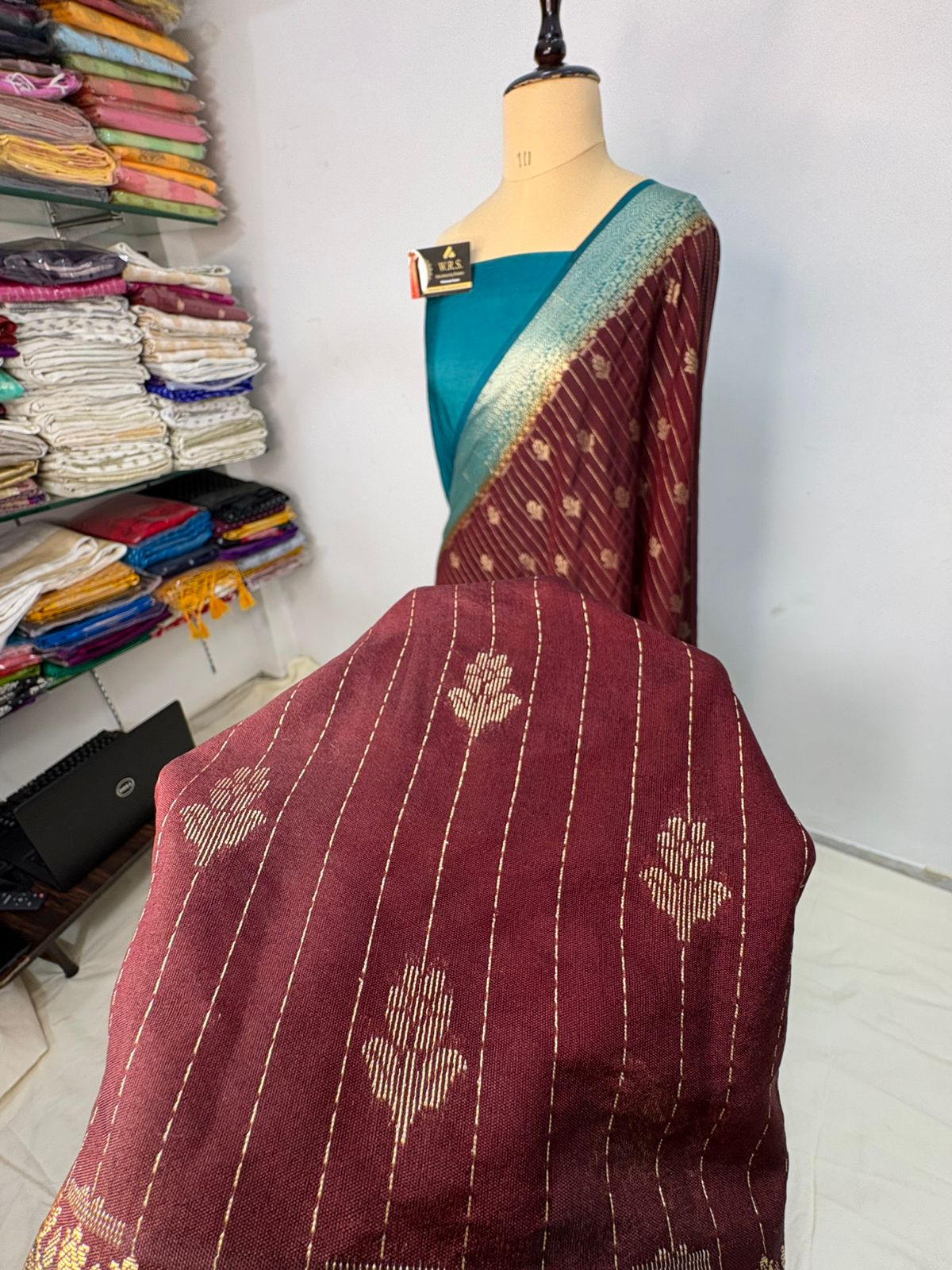 firozi garnet katan silk saree lite water zari