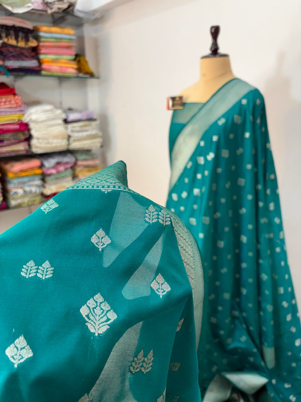 Firozi katan banarasi silk saree silver zari jamewaar aanchal double booti