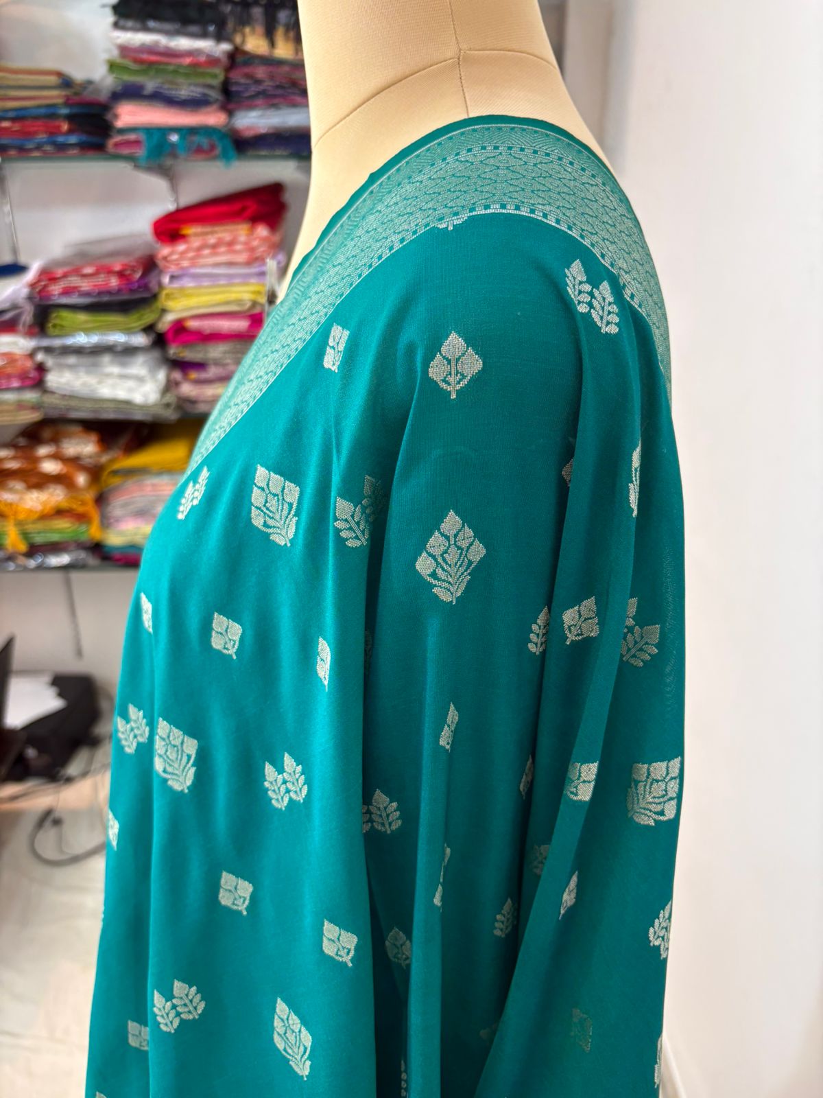 Firozi katan banarasi silk saree silver zari jamewaar aanchal double booti