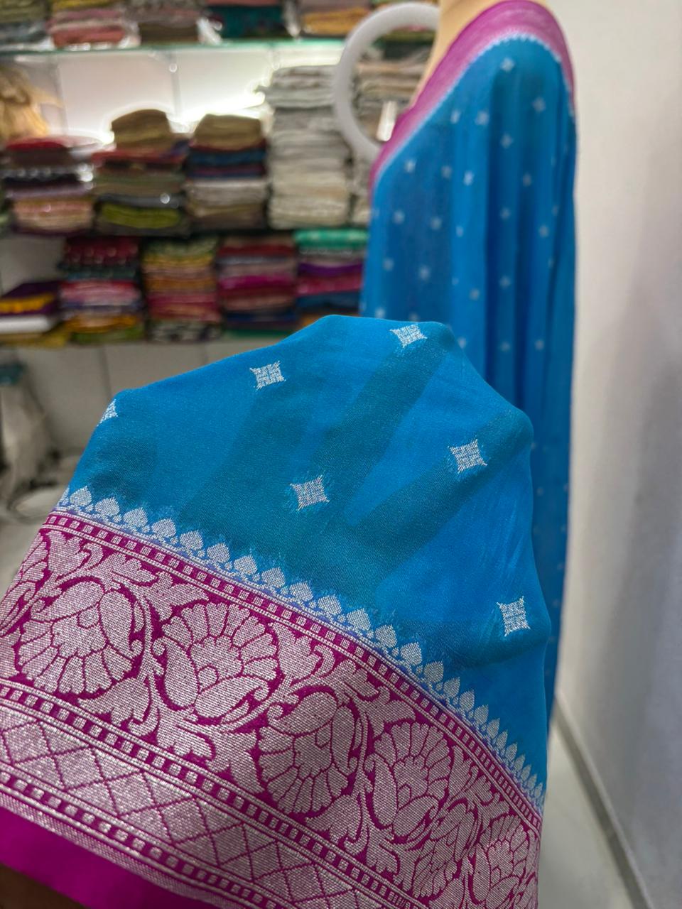 firozi magenta katan georgutte saree