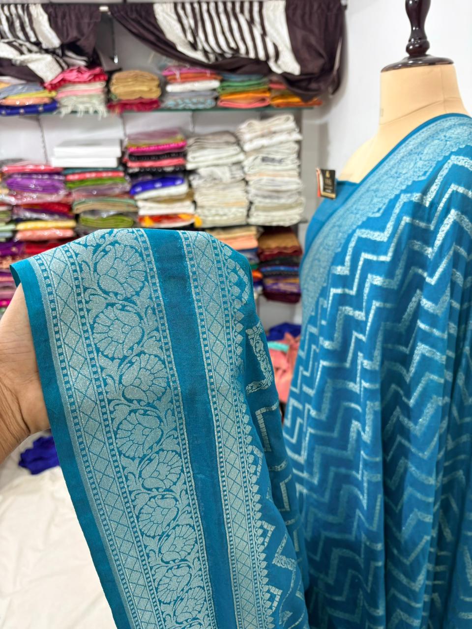 Firozi zigzag katan georgette banarasi silk saree