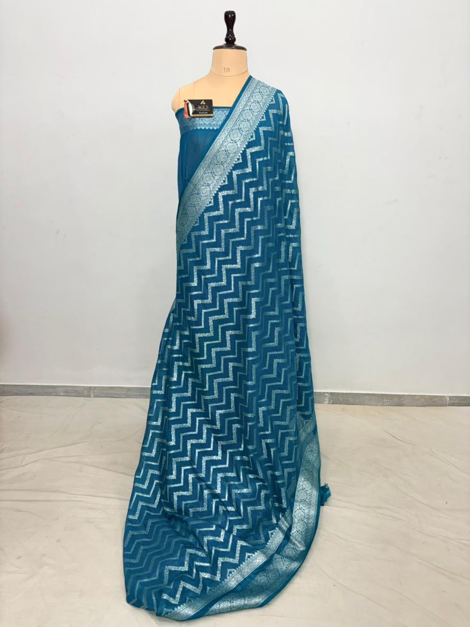 Firozi zigzag katan georgette banarasi silk saree
