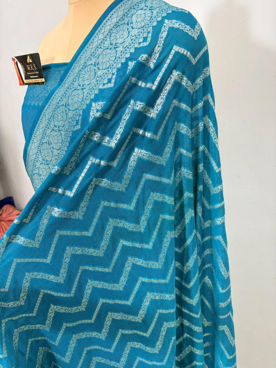 Firozi zigzag katan georgette banarasi silk saree