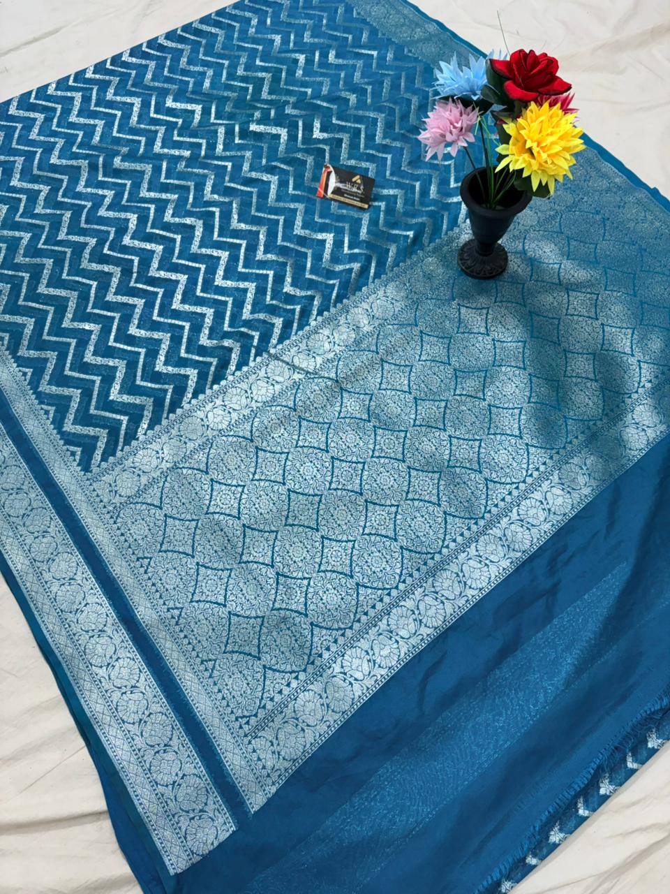 Firozi zigzag katan georgette banarasi silk saree