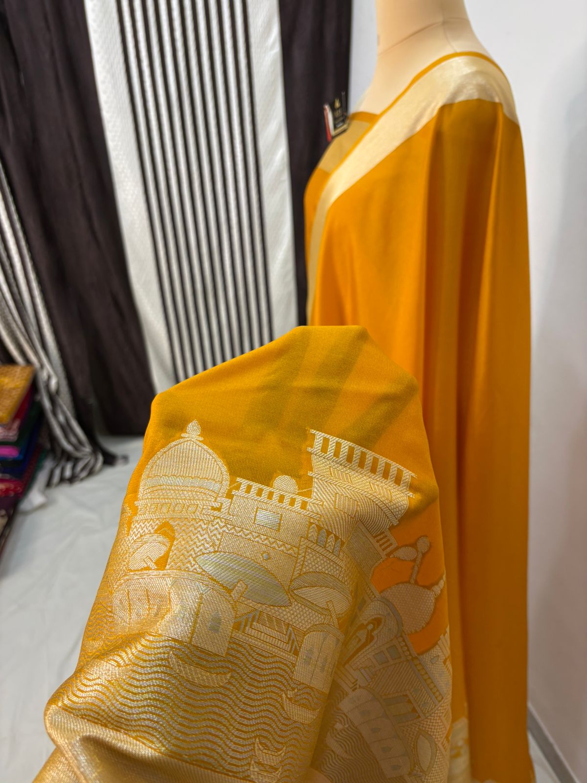 ghat mustard katan silk shine saree
