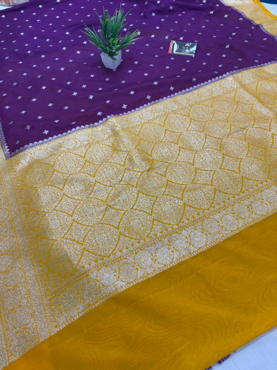 gold magenta katan georgette saree star buti