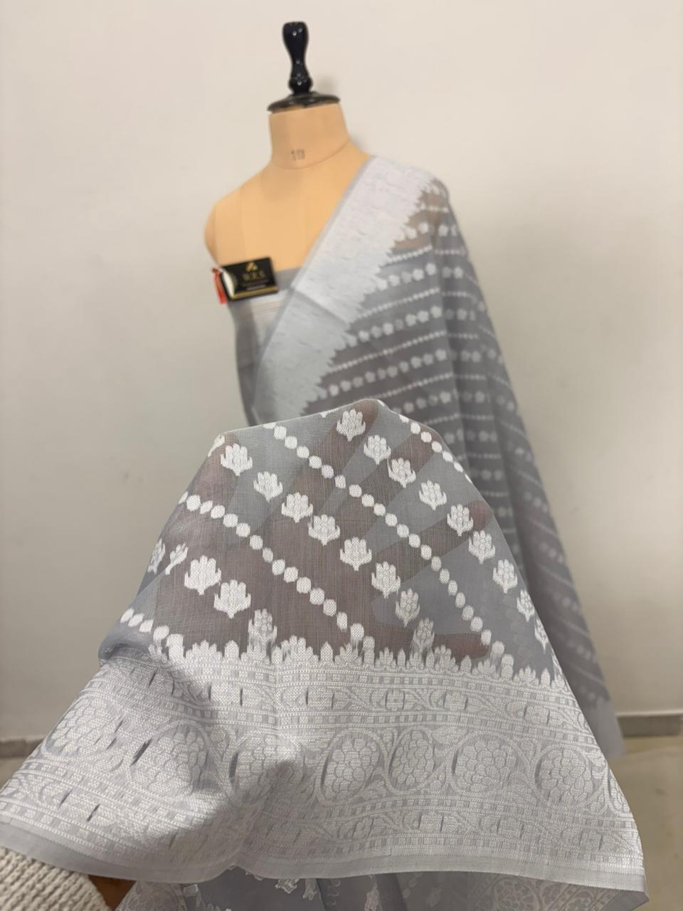 Grey cotton ada buti  banarasi soft saree