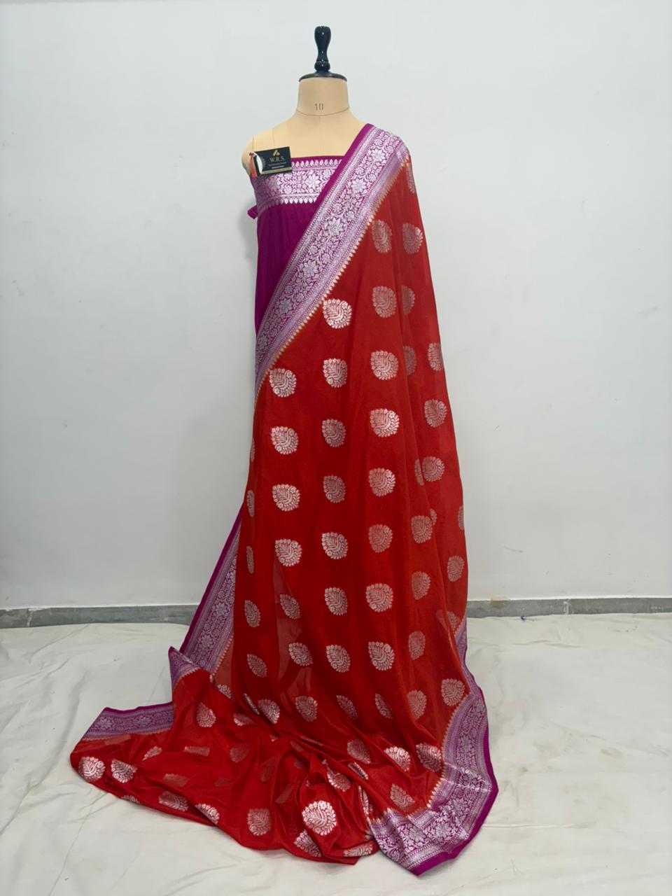 magenta orange katan georgutte boota saree
