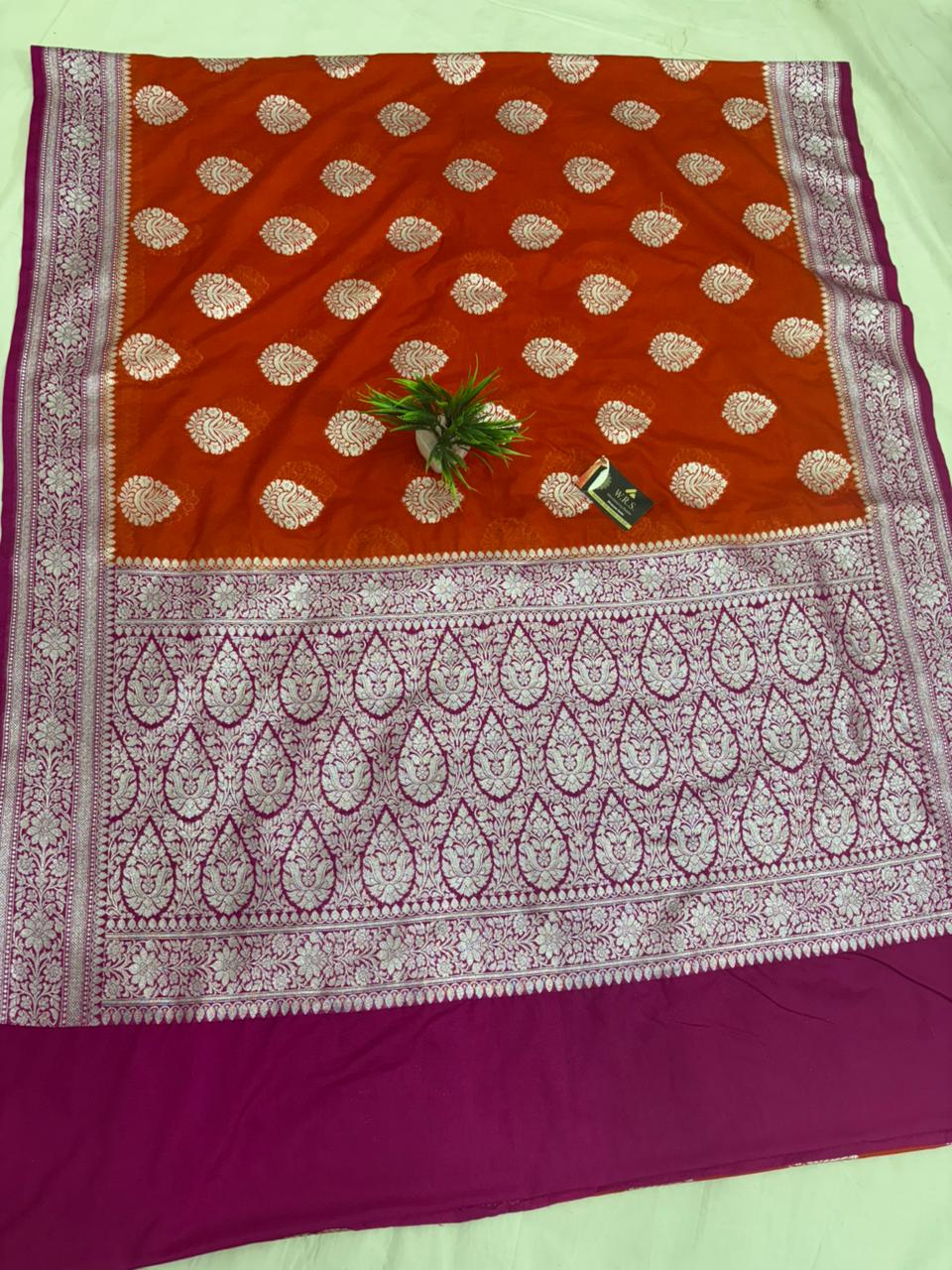 magenta orange katan georgutte boota saree