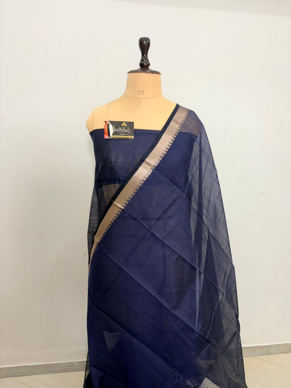 Navy blue cotton banarasi silk saree