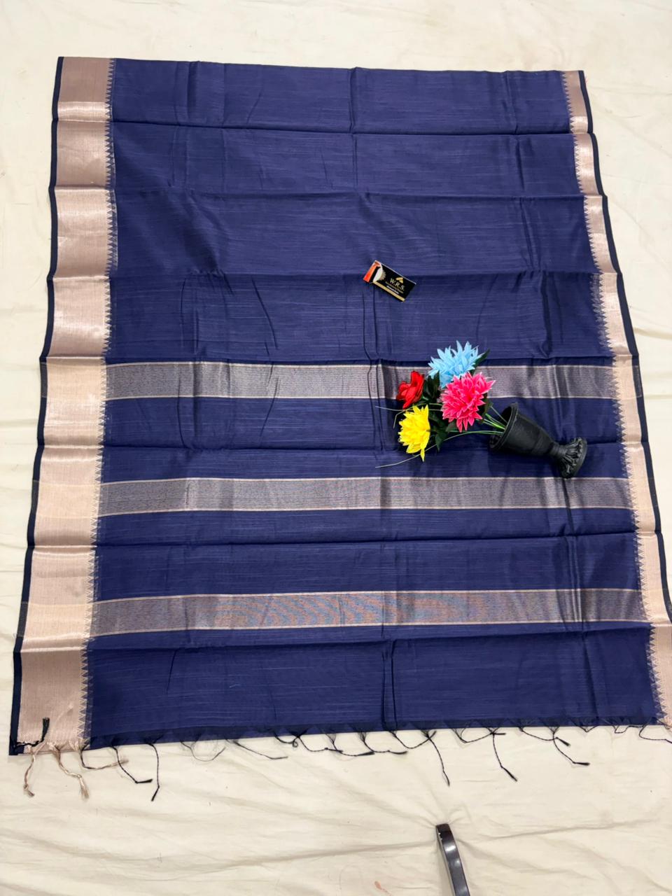 Navy blue cotton banarasi silk saree