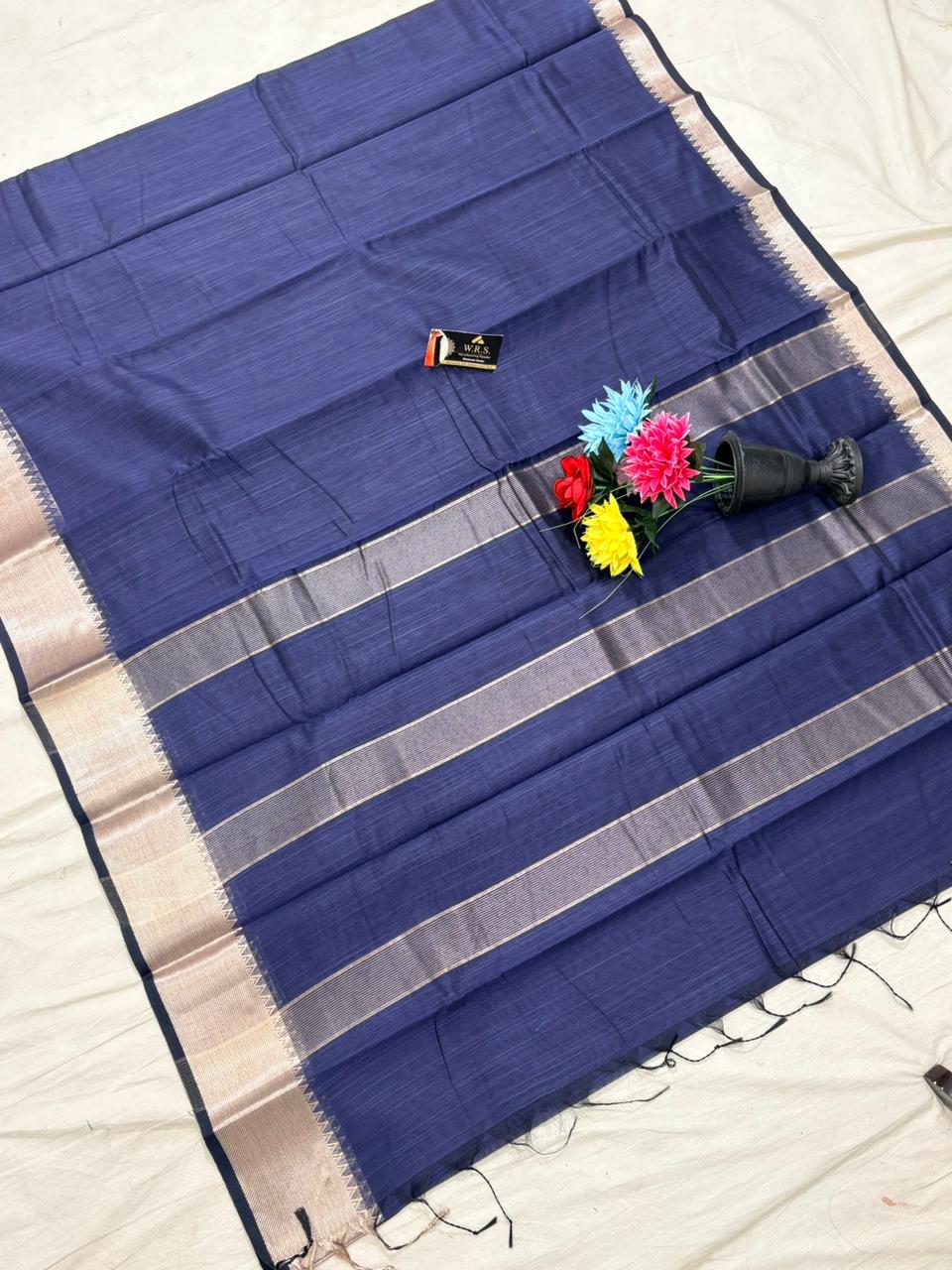 Navy blue cotton banarasi silk saree
