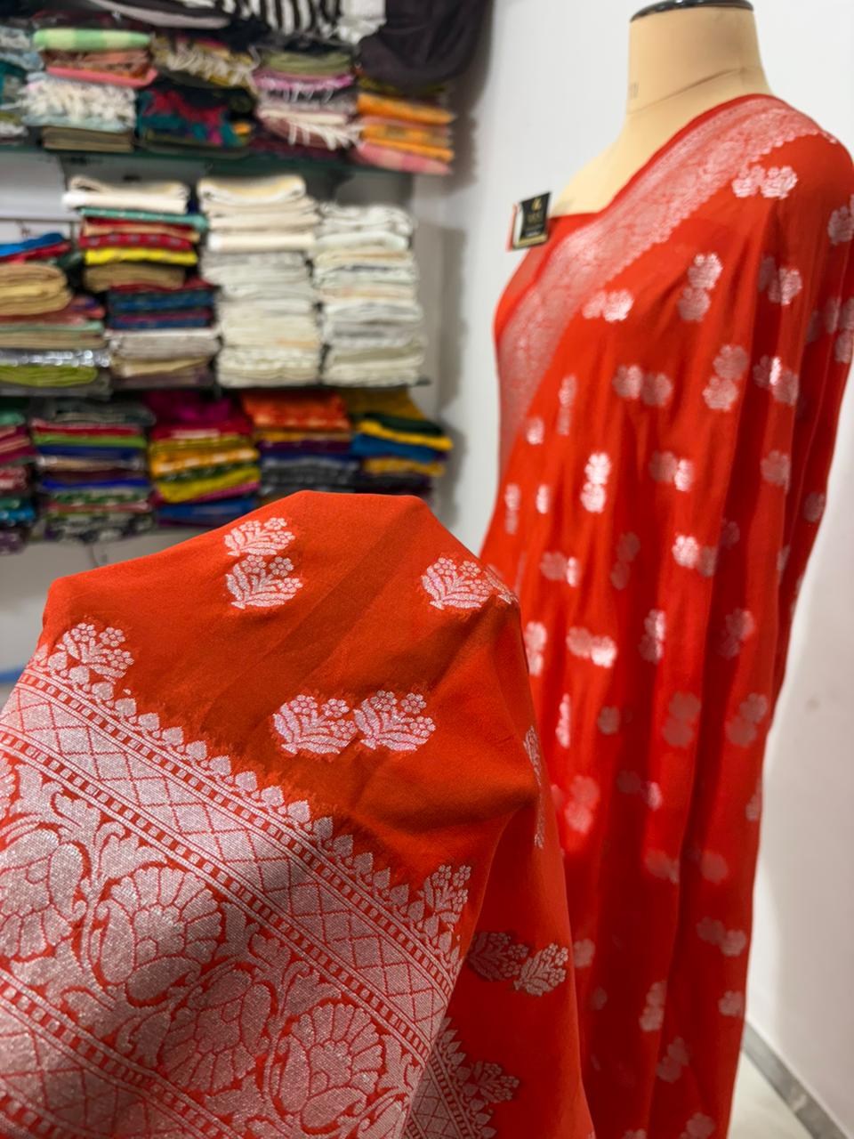 orange 2x2x booti katan georgette banarasi silk saree