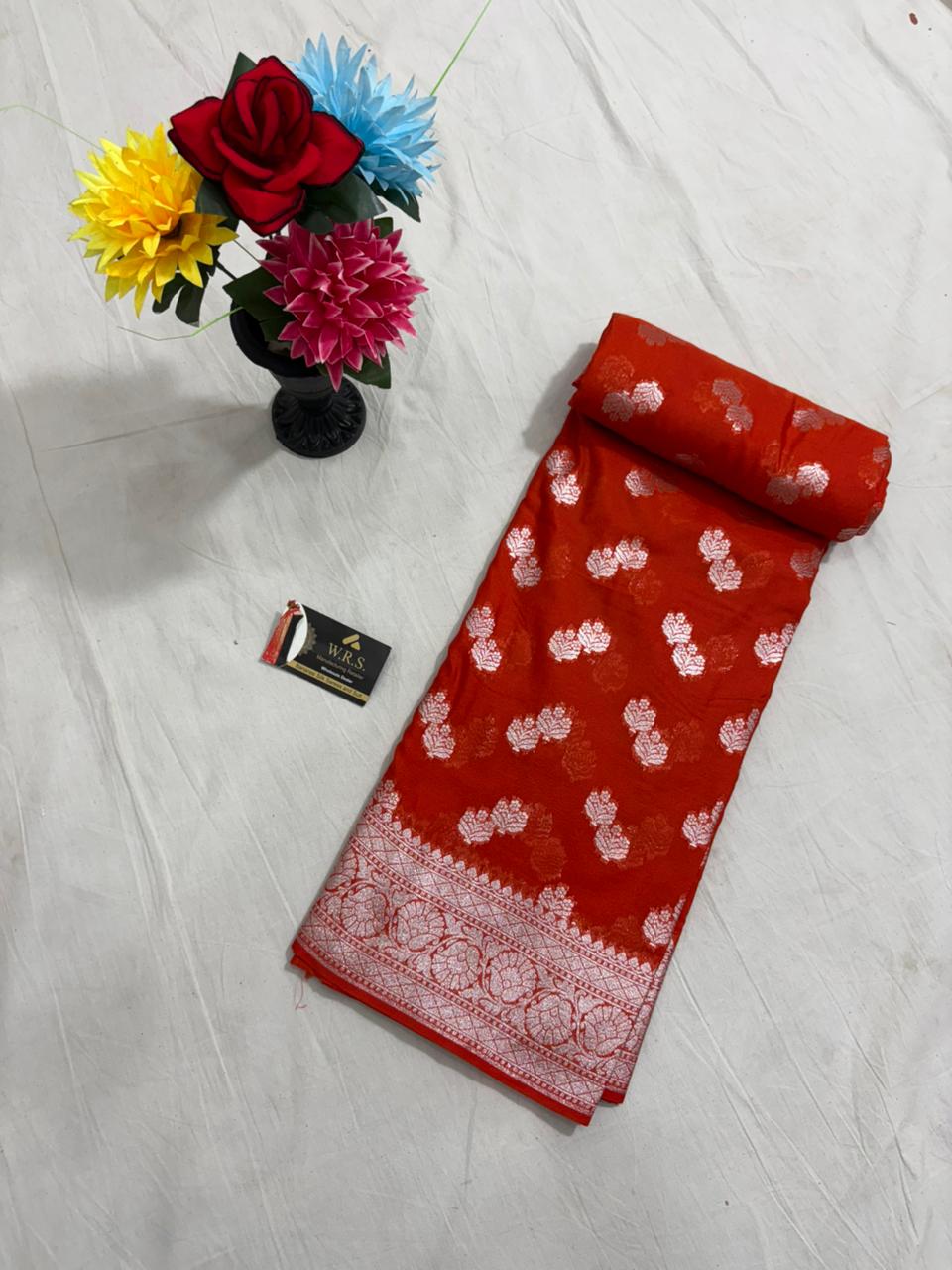 orange 2x2x booti katan georgette banarasi silk saree