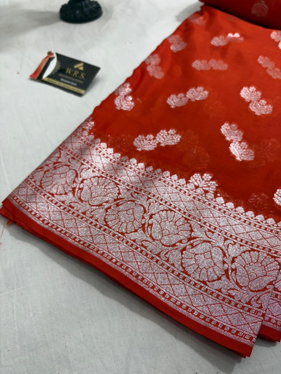 orange 2x2x booti katan georgette banarasi silk saree