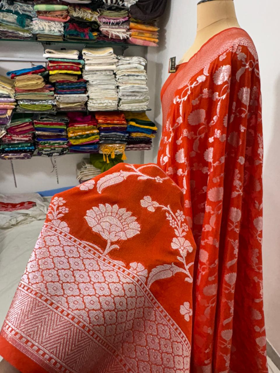 orange  jal katan georgette saree