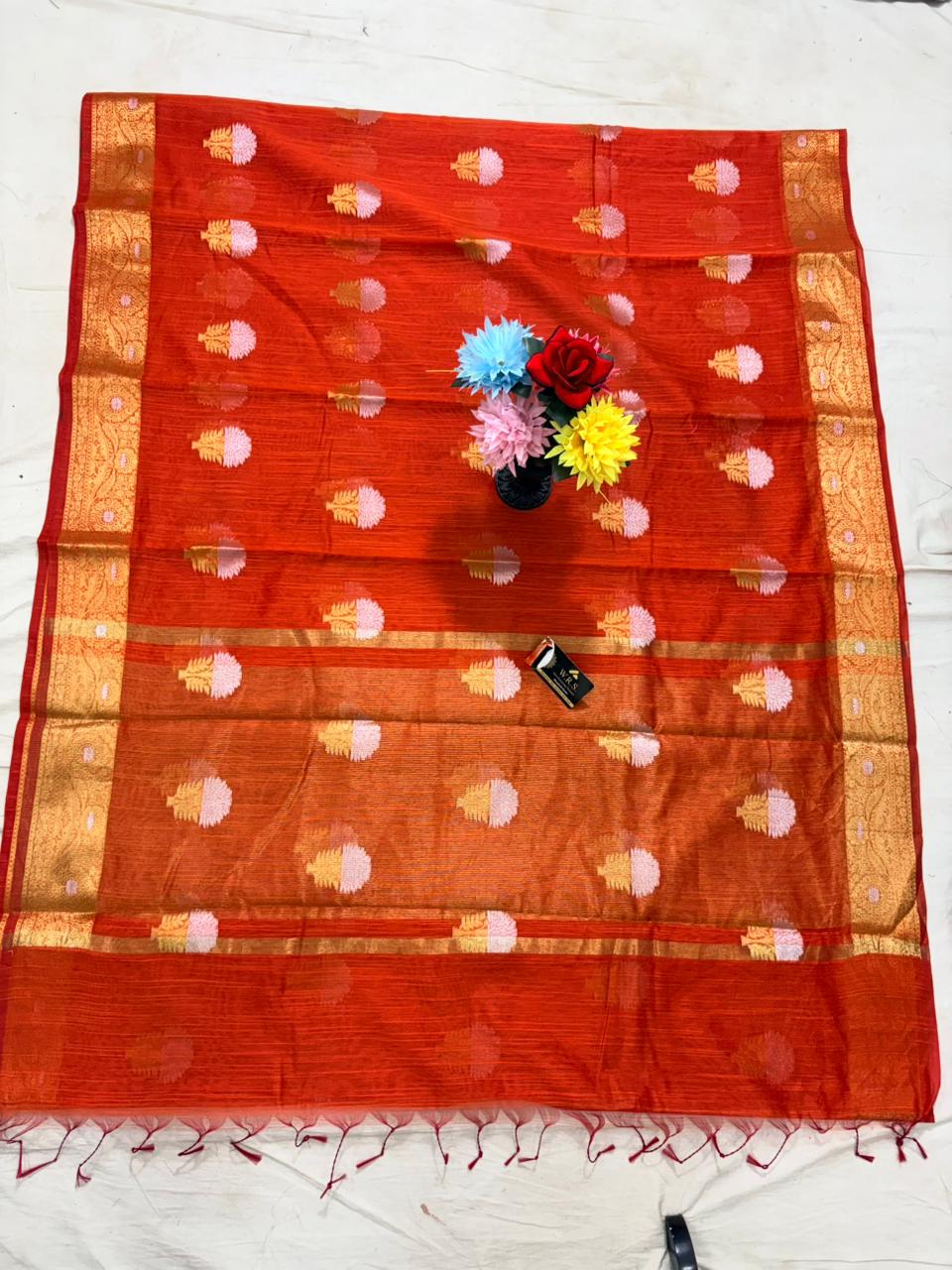 orange salab mine dar buta banarasi silk saree