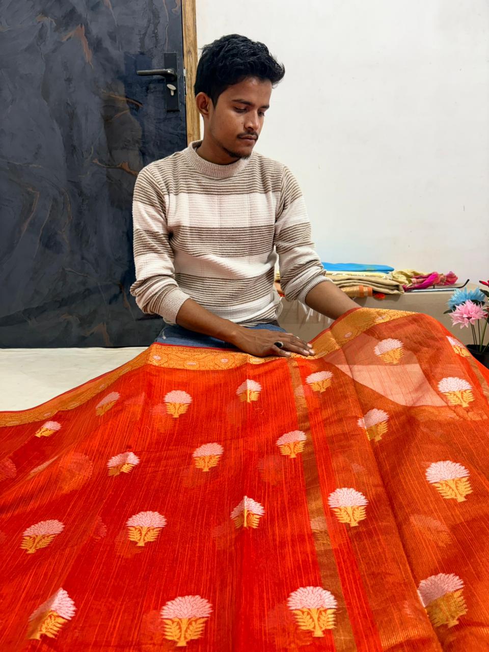 orange salab mine dar buta banarasi silk saree