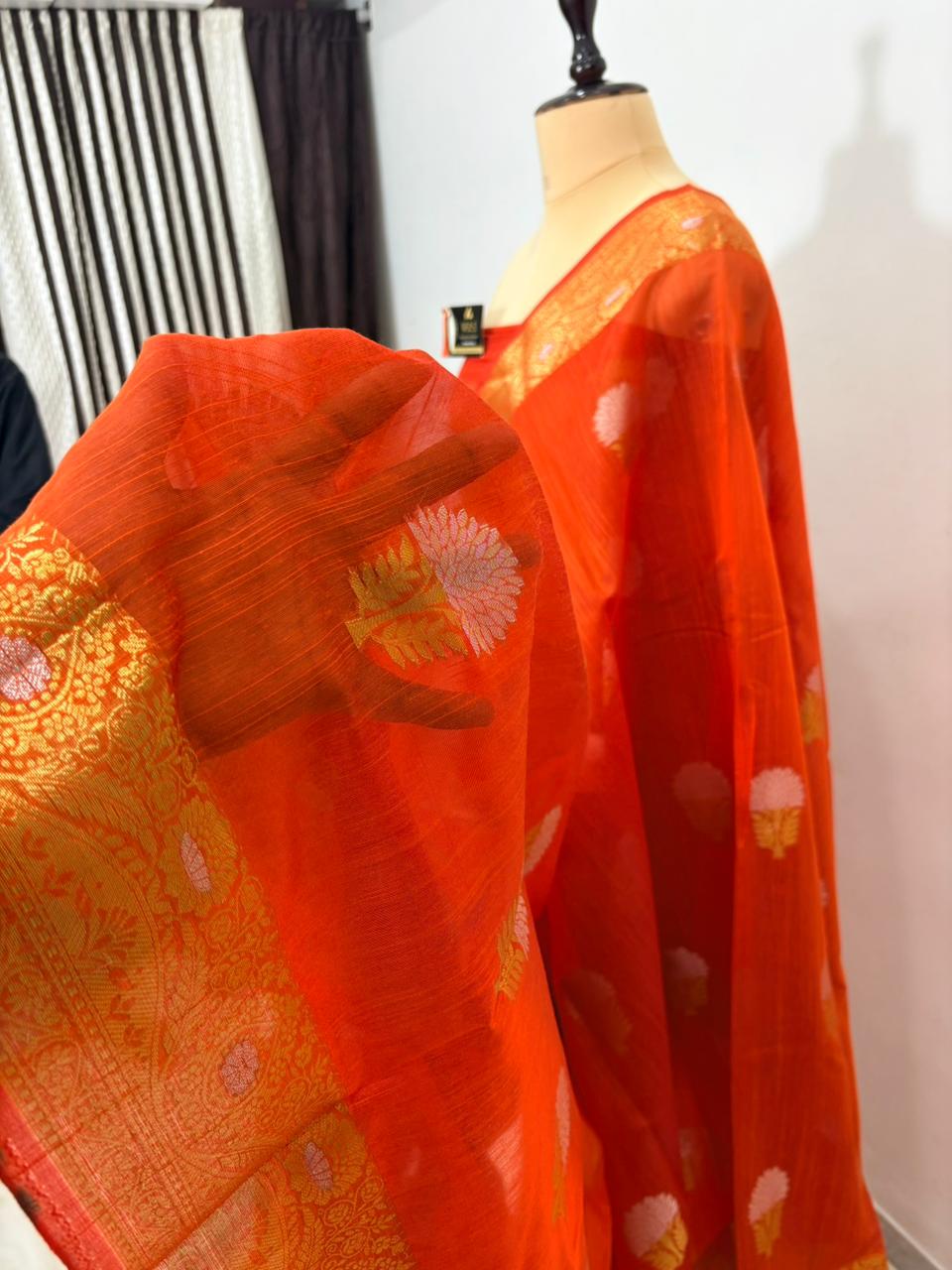orange salab mine dar buta banarasi silk saree