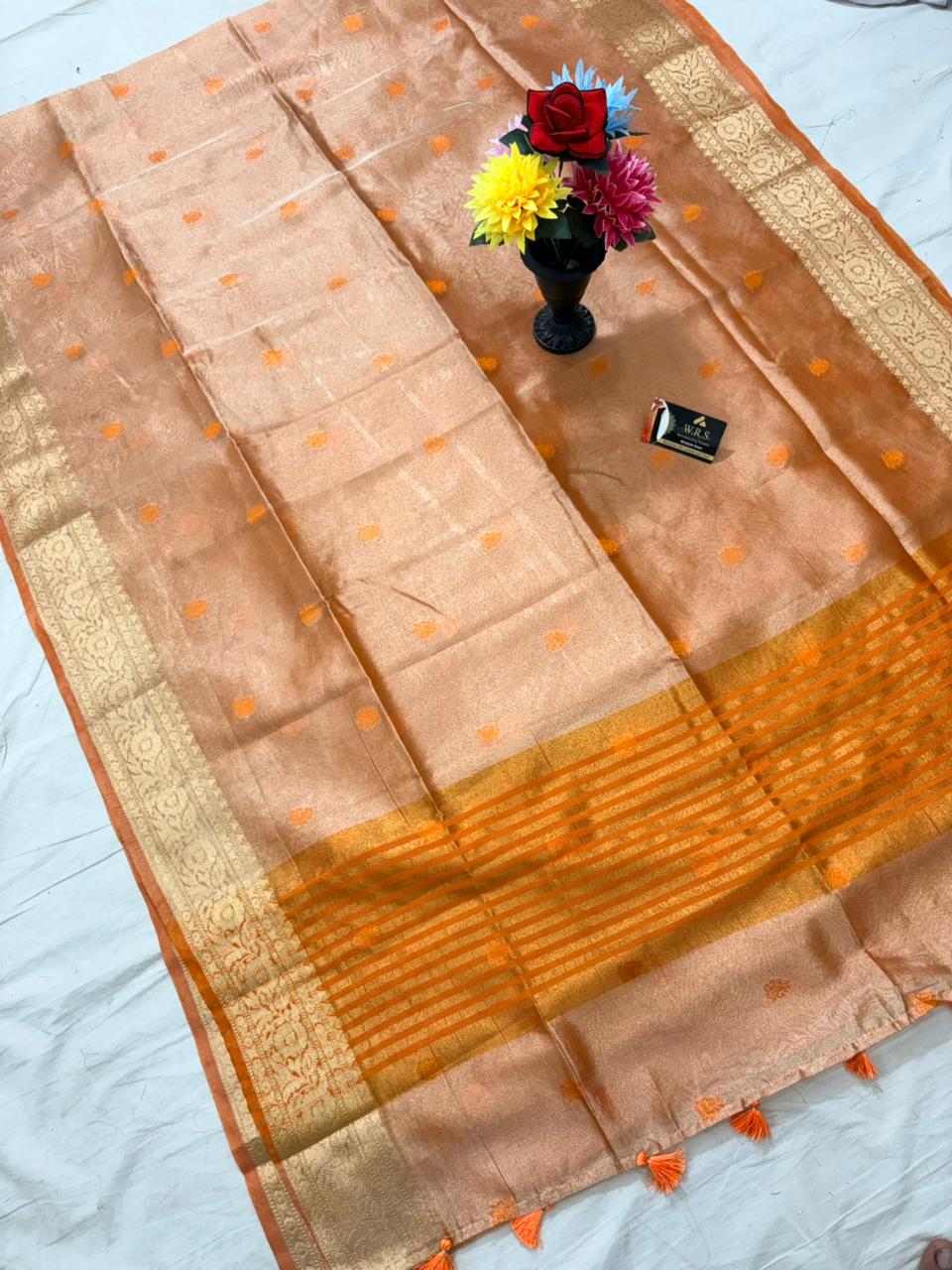 orange tissue minedar banarasi silk saree