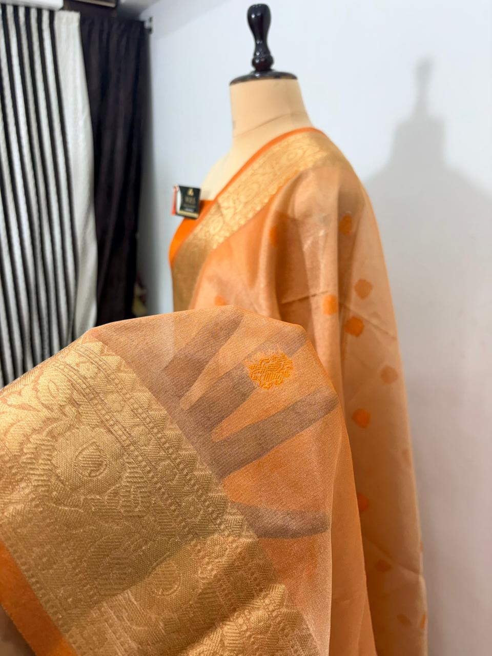orange tissue minedar banarasi silk saree