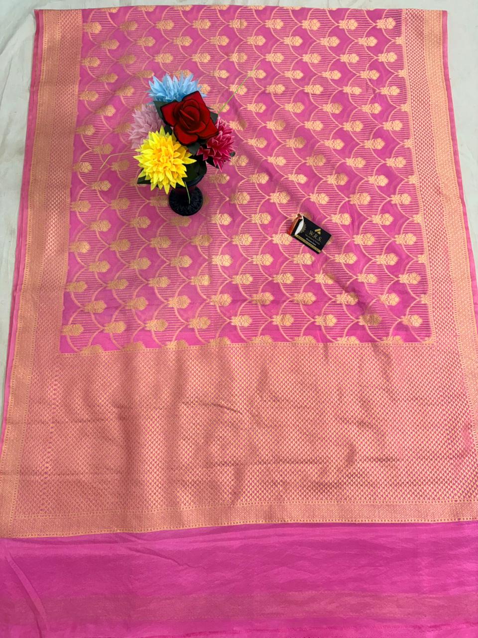 pink katan viscous banarasi silk saree laheriya jal