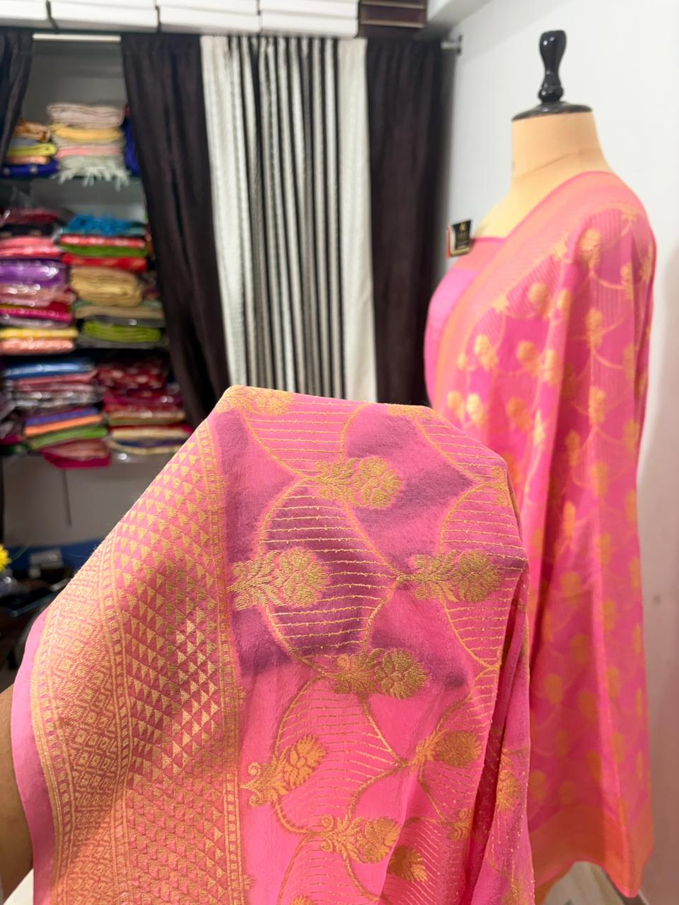 pink katan viscous banarasi silk saree laheriya jal