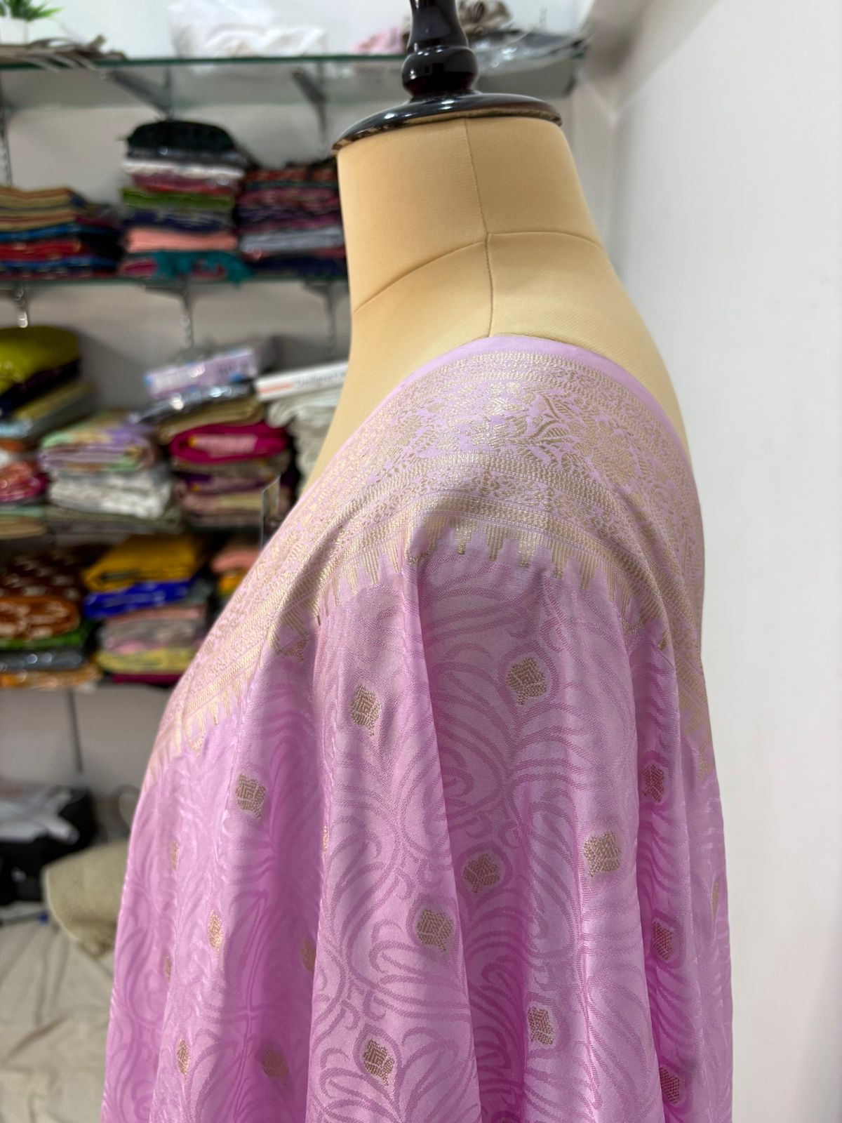 pink tussar banarasi silk saree water gold zari