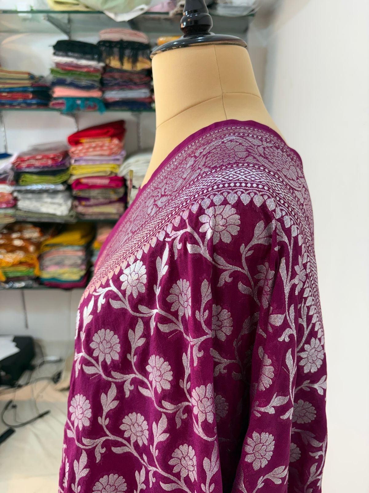 Purple katan banarasi silk saree silver zari jal kalna aanchal