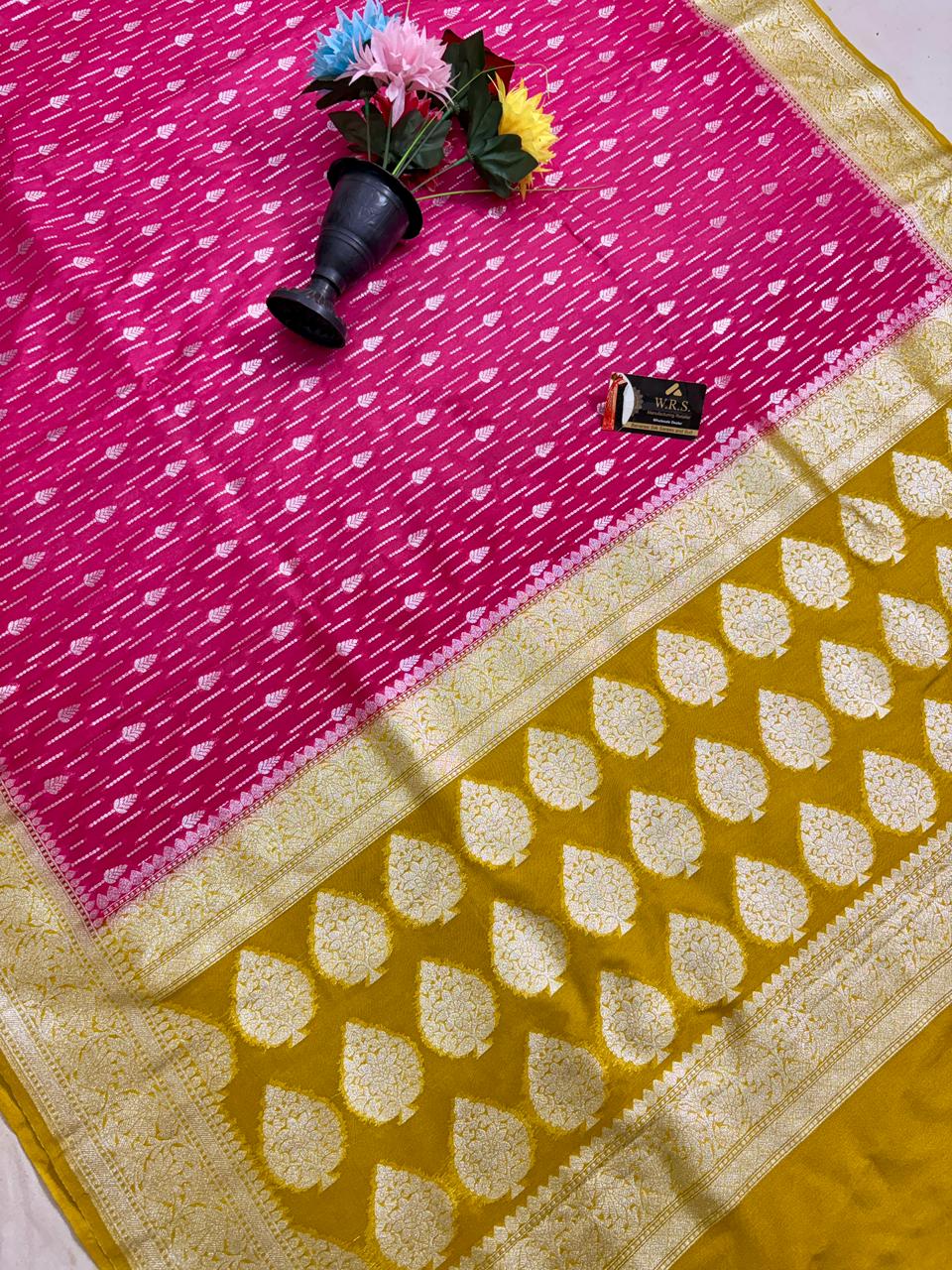 rani  musterd  Katan  georgette  banarasi  silk  saree