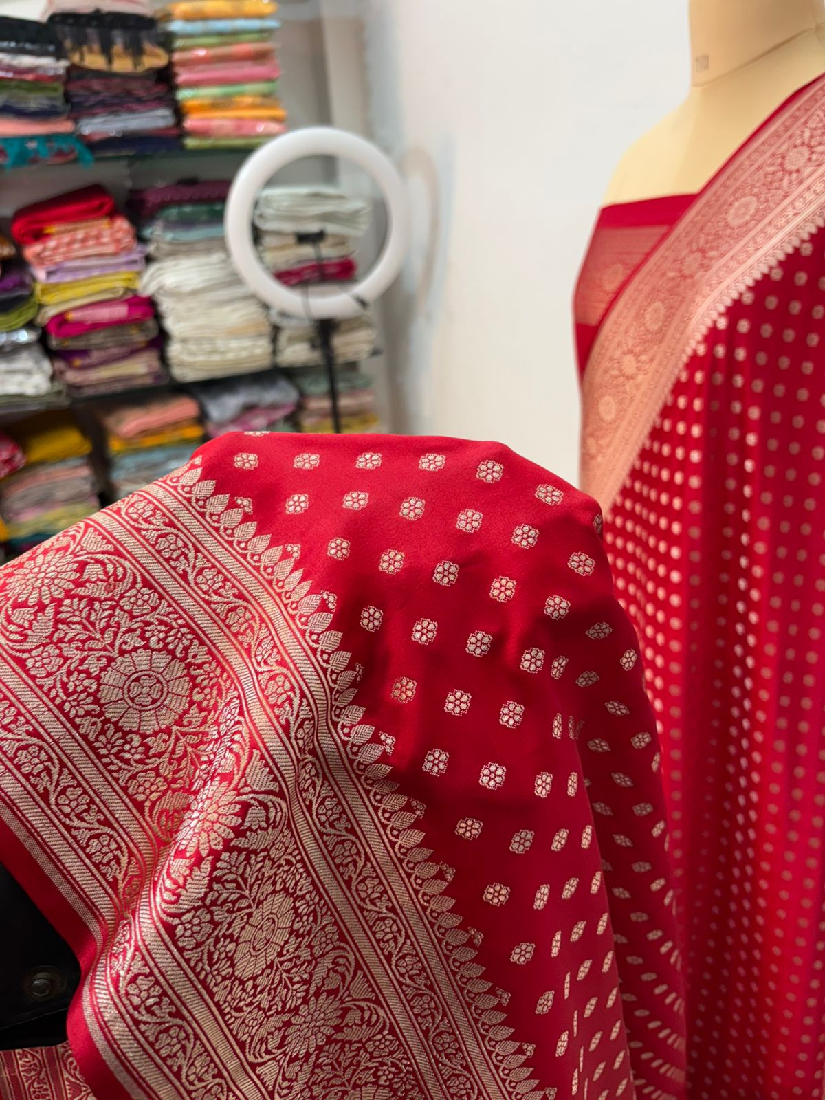 Red  banarasi mashru silk saree copper zari soft