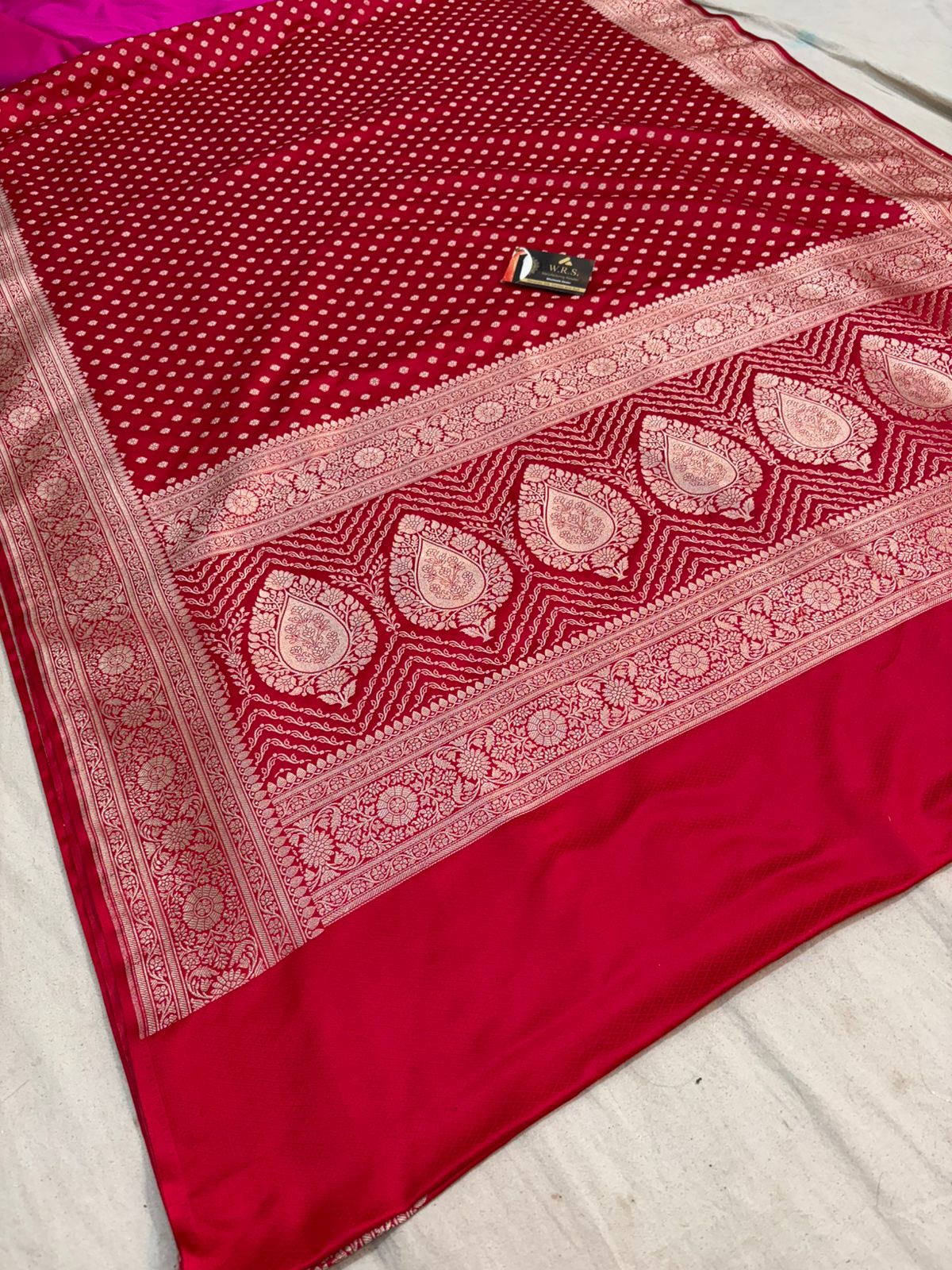 Red  banarasi mashru silk saree copper zari soft