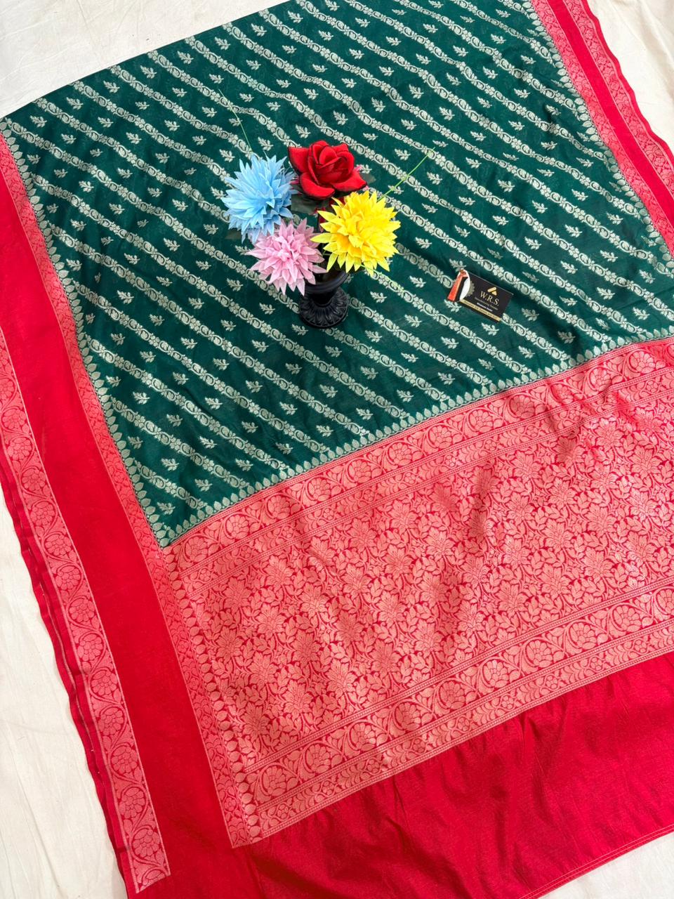 red bottle green banarasi silk saree ada booti