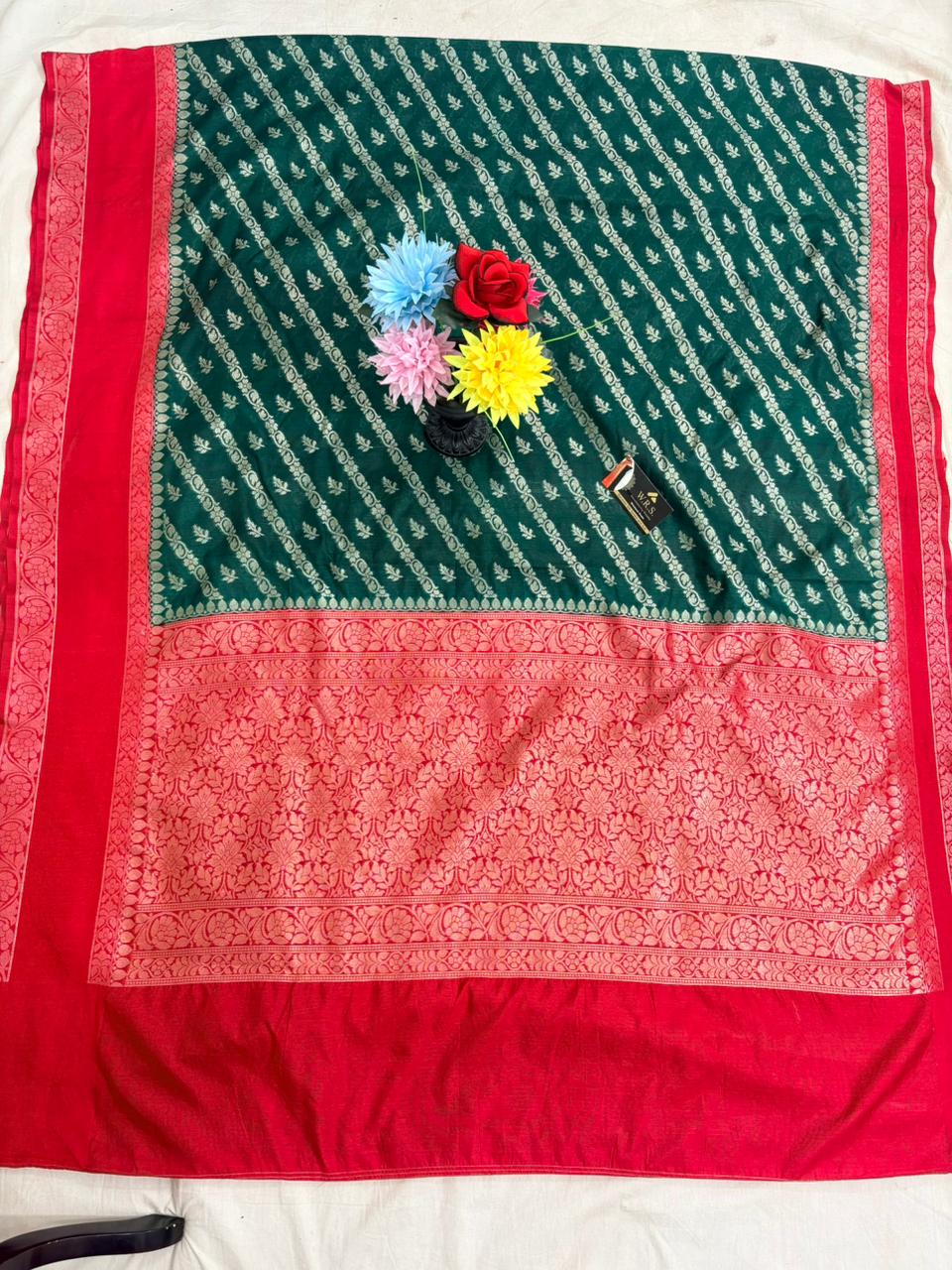 red bottle green banarasi silk saree ada booti