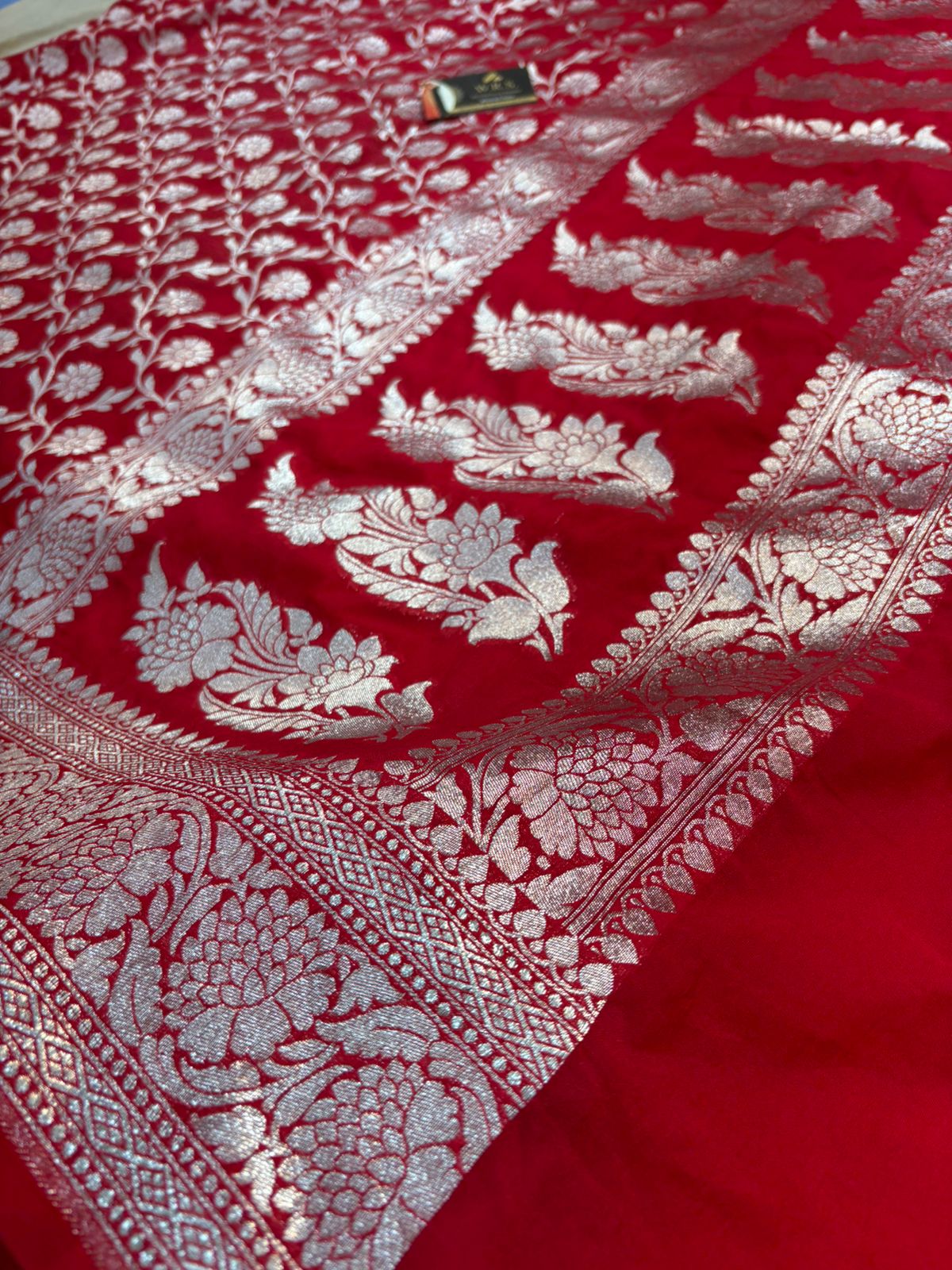Red katan banarasi silk saree jal kalna aanchal silver zari