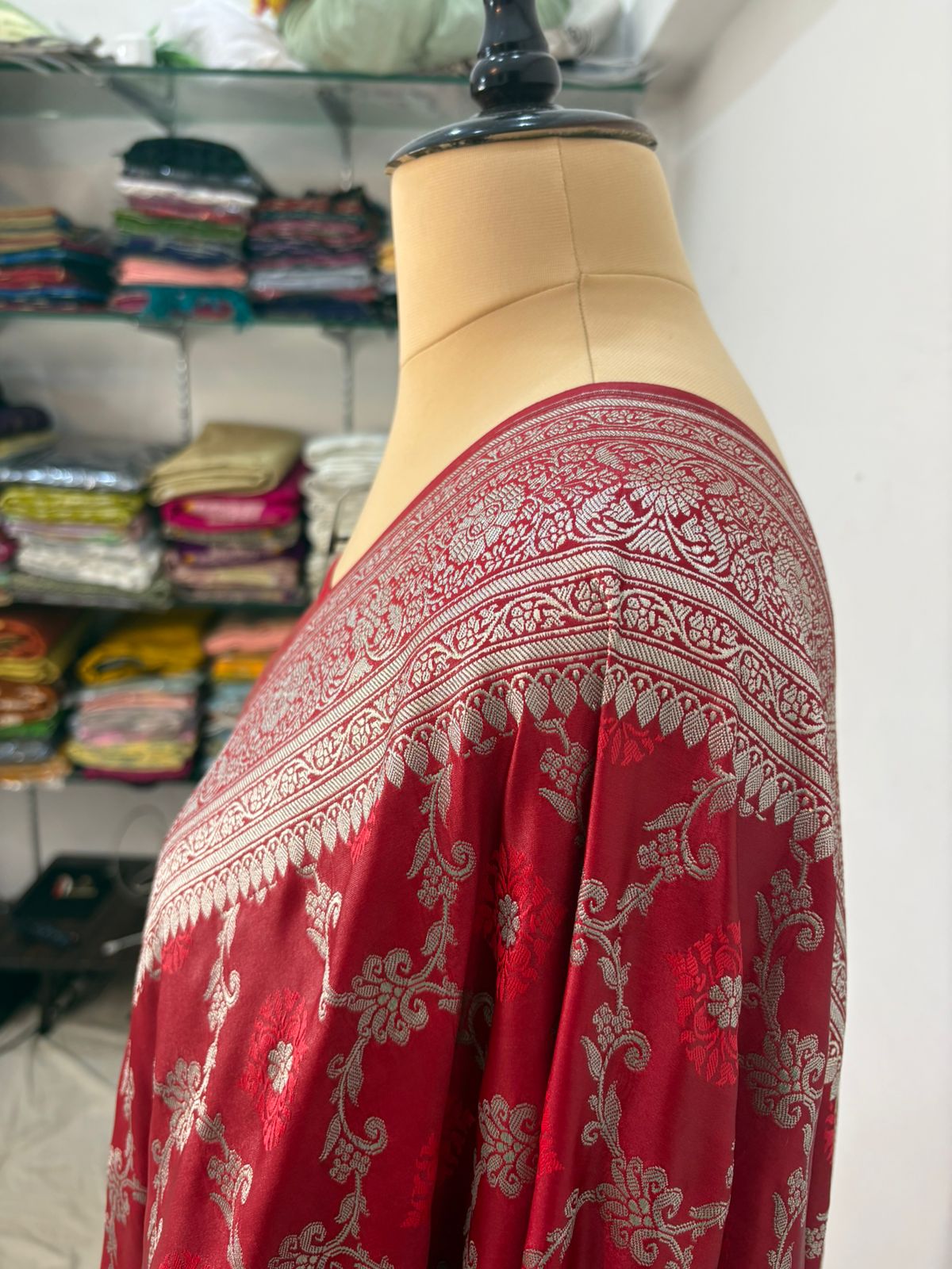 Red tanchhui jaal banarasi katan silk
