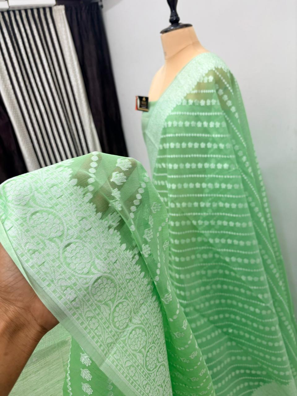 Sea green cotton ada buti banarasi soft saree