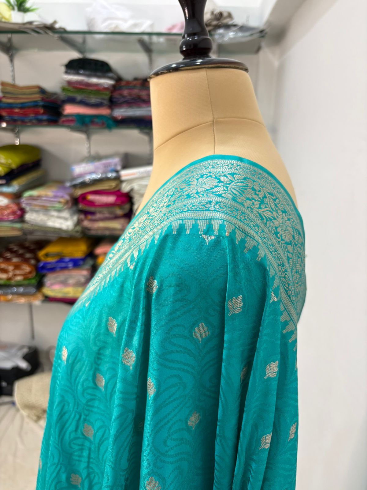 sea green banarasi katan silk saree  lite water gold zari