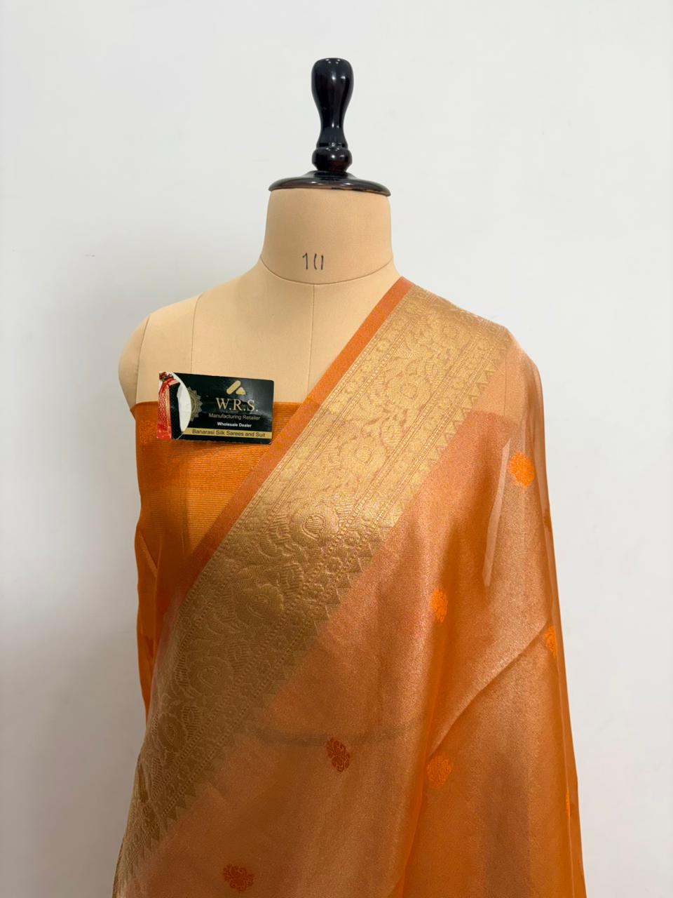 orange tissue minedar banarasi silk saree